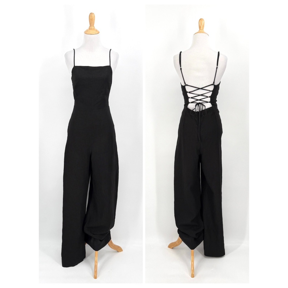 Enza Costa Linen Jumpsuit Women Small Black Lace Up Back Wide Leg Resort Luxury